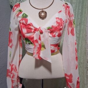 Miss Avenue White Crop Top with Coral Floral